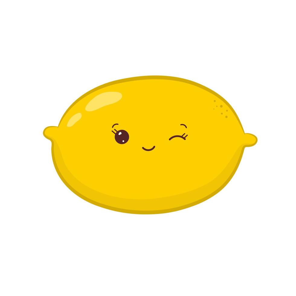 Cute yellow lemon in kawaii style isolated on white background. Character with happy and funny face. Vector illustration