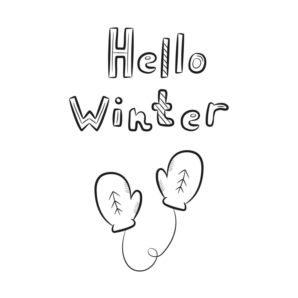 Hello Winter doodle lettering and mittens. Hand drawn text and winter element. Vector illustration