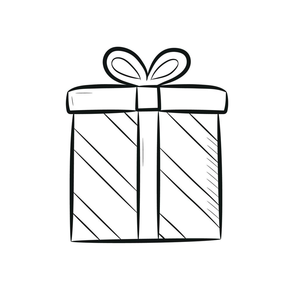 caja de regalo dibujada a mano con lazo. caja de regalo icono lineal negro aislado sobre fondo blanco. ilustración vectorial vector