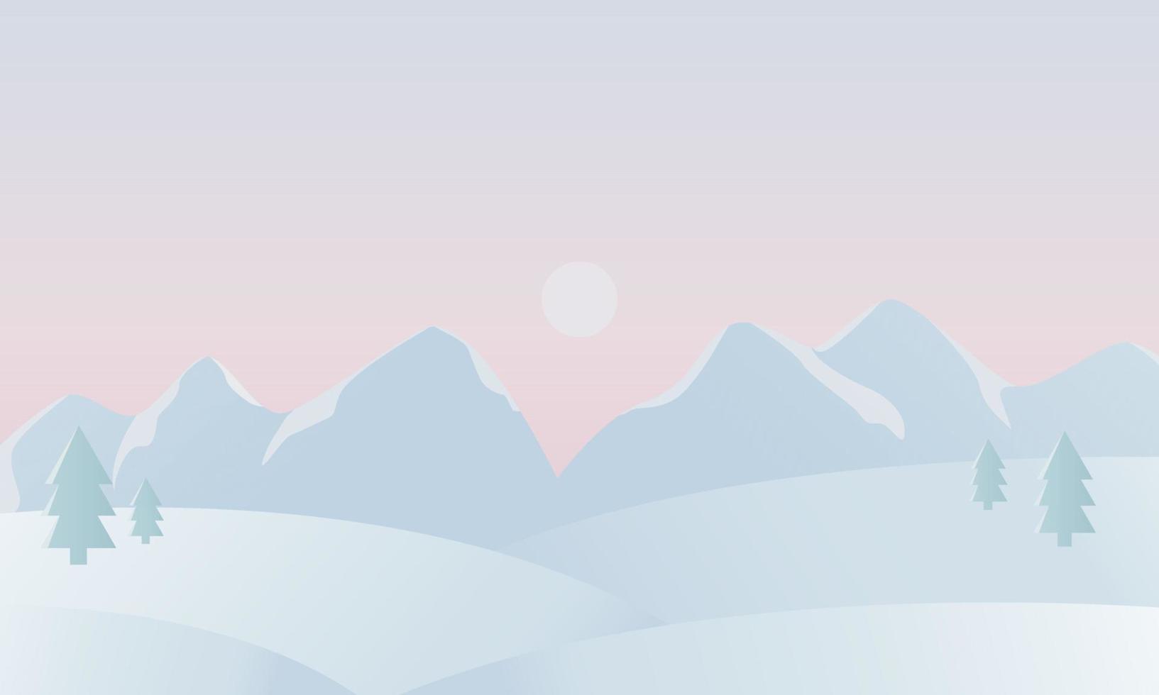 Beautiful winter mountains landscape. Horizontal landscape background with snowy mountains and pine trees. Pastel colors. Vector illustration