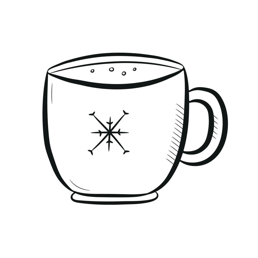 Simple hand drawn christmas mug with snowflake. Doodle style. Vector illustration isolated on a white background.