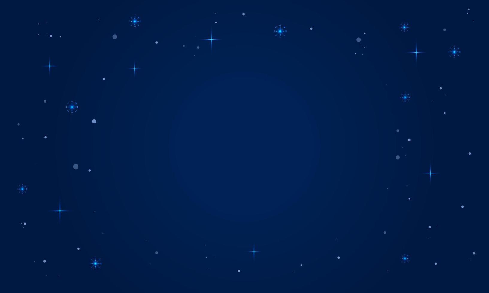 Blue background with neon glittering snowflakes, stars and snow. Winter sky. Vector illustration