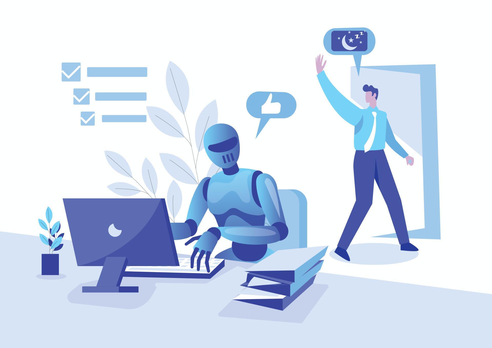 Robot doing office work illustration vector, Robot working in office