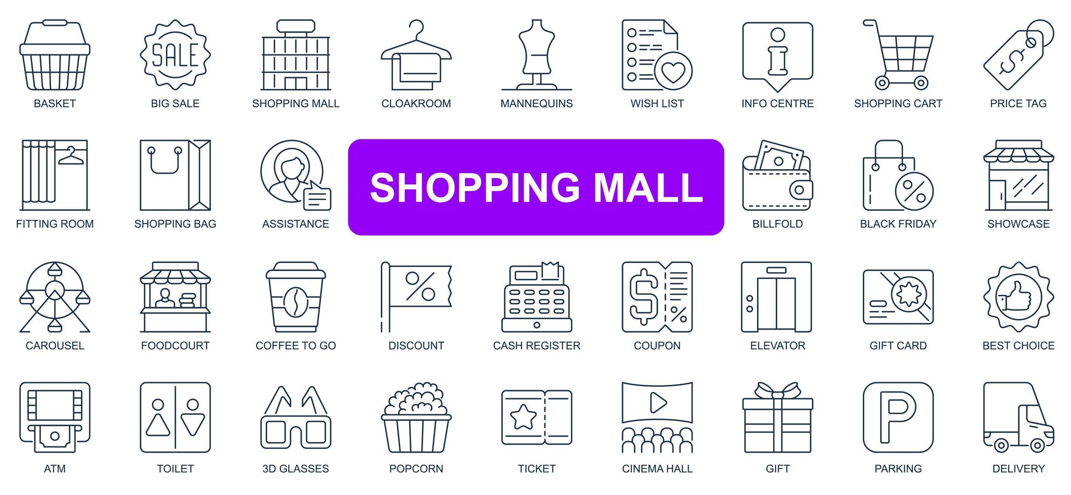 Shopping mall concept simple line icons set. Pack outline pictograms of basket, big sale, cloakroom, wish list, cart, price tag, showcase and other. Vector symbols for website and mobile app design
