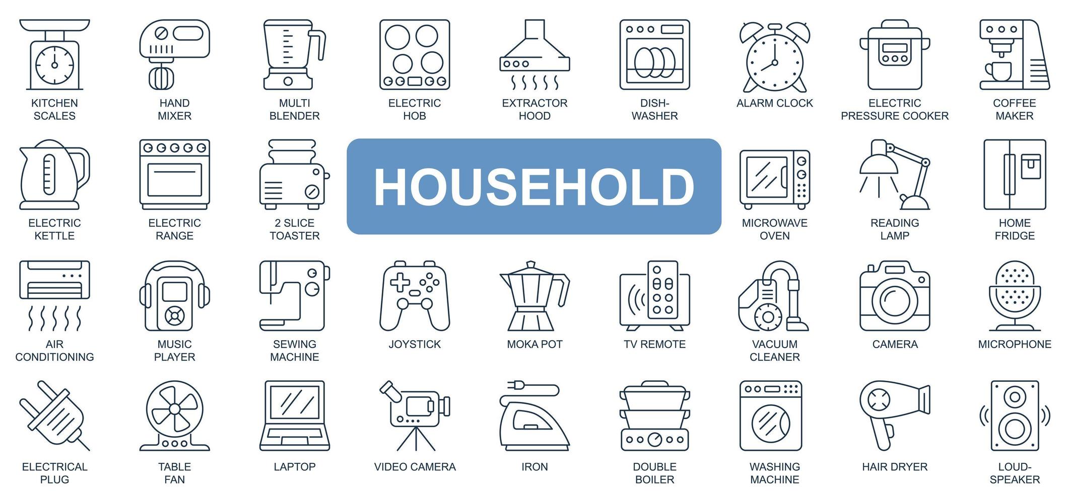 Household concept simple line icons set. Pack outline pictograms of kitchen, scales, mixer, blender, electric hob, dishwasher, table, kettle and other. Vector symbols for website and mobile app design