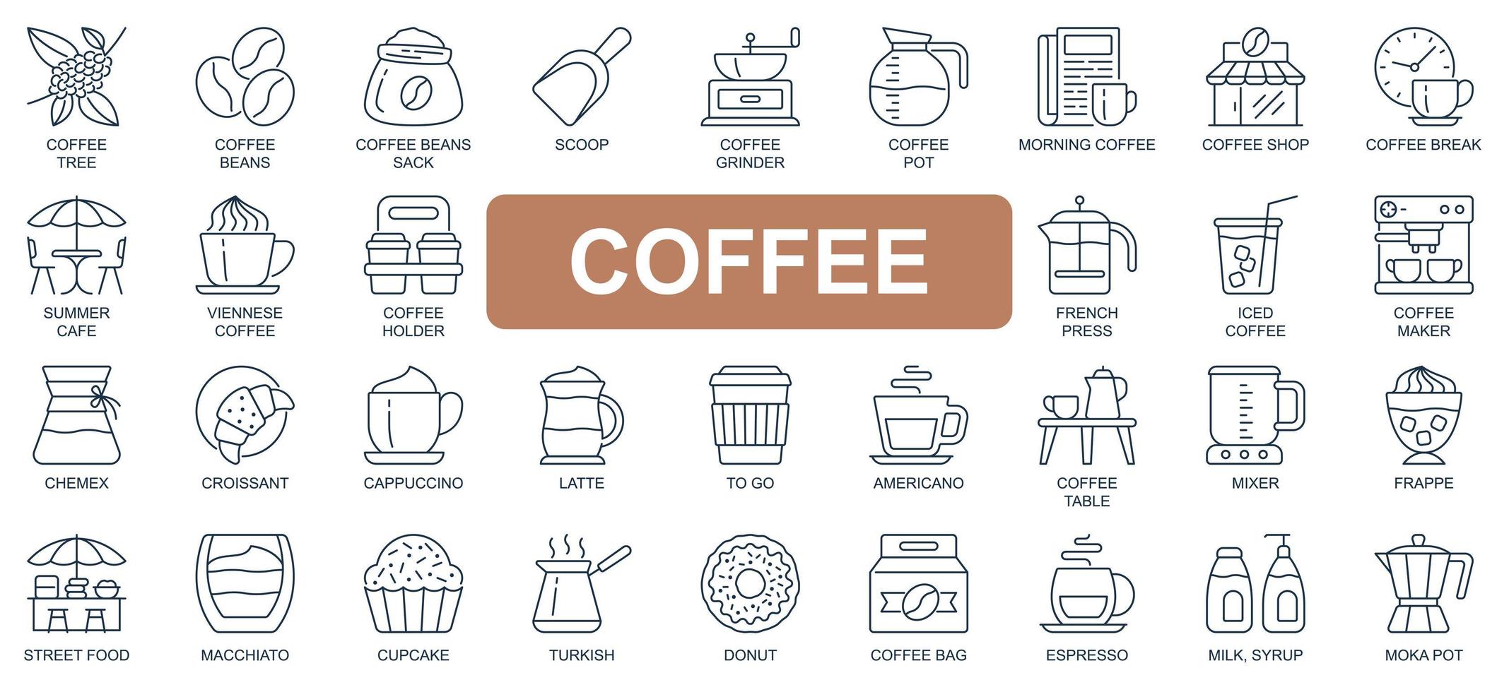 Conjunto de iconos de línea simple de concepto de café. paquete de pictogramas de contorno de frijoles, tienda, café, prensa francesa, croissant, capuchino, café con leche, americano y otros. símbolos vectoriales para el diseño de sitios web y aplicaciones móviles vector