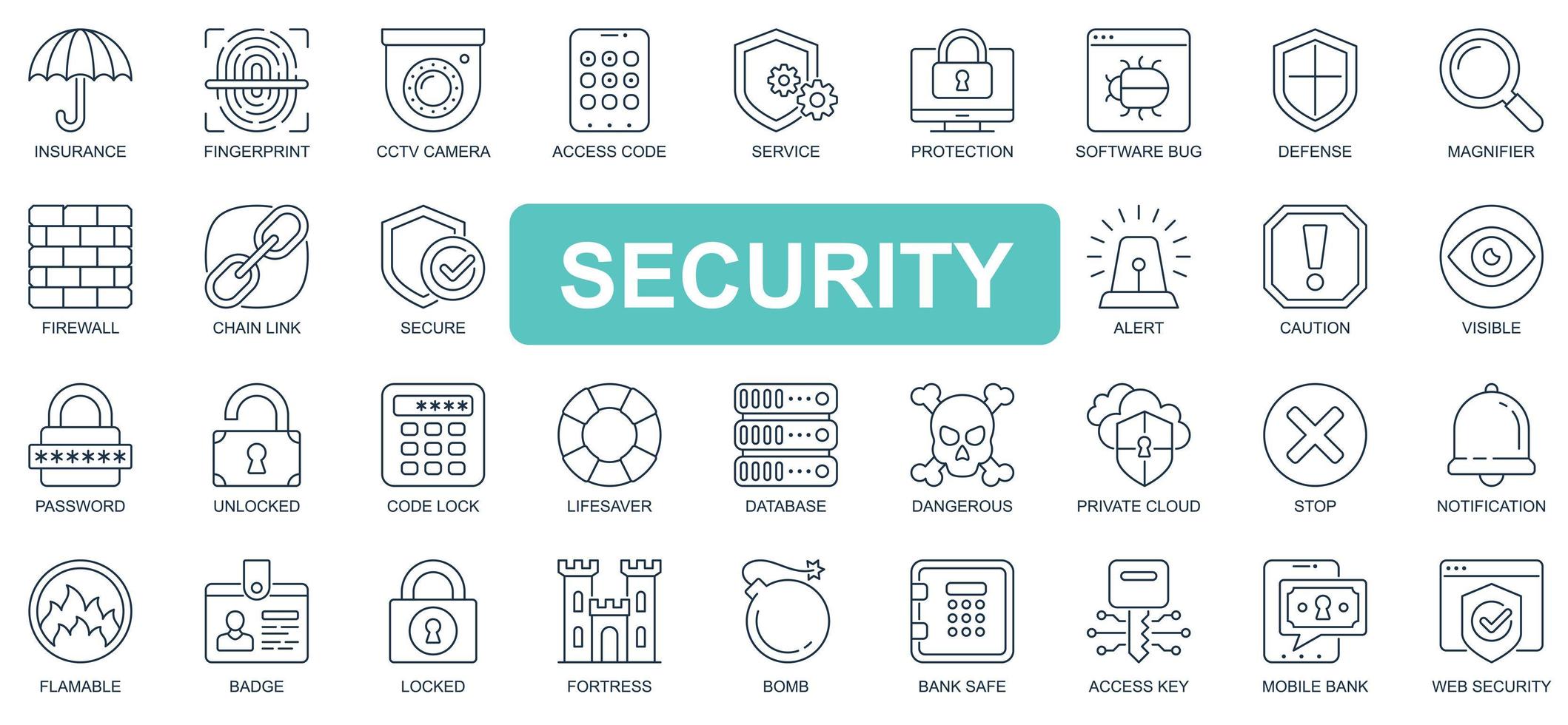 Security concept simple line icons set. Pack outline pictograms of insurance, protection, firewall, secure, defence, database, private cloud and other. Vector symbols for website and mobile app design