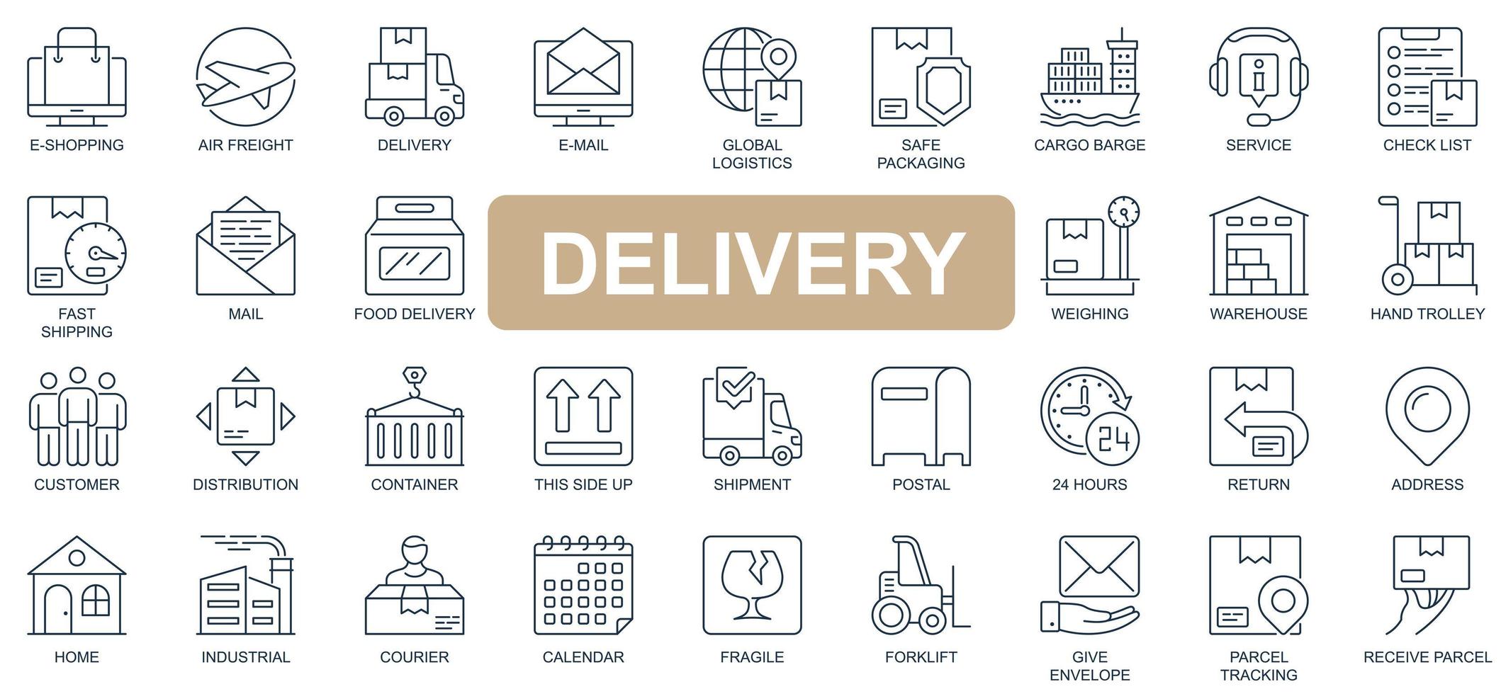 Delivery concept simple line icons set. Pack outline pictograms of e-shopping, email, global logistics, safe packaging, cargo, fast shipping and other. Vector symbols for website and mobile app design