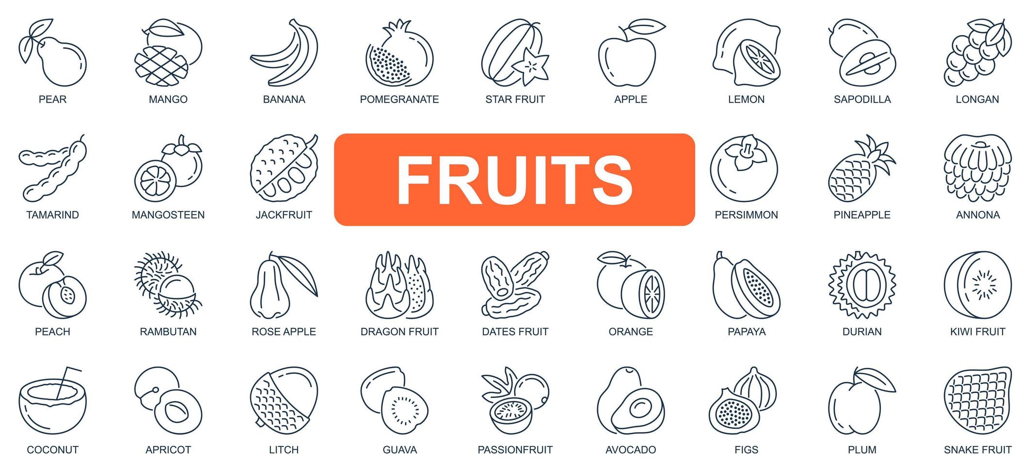 frutas concepto conjunto de iconos de línea simple. paquete de pictogramas de contorno de mango, plátano, granada, manzana, limón, mangostán, yaca, piña y otros. símbolos vectoriales para el diseño de sitios web y aplicaciones móviles vector