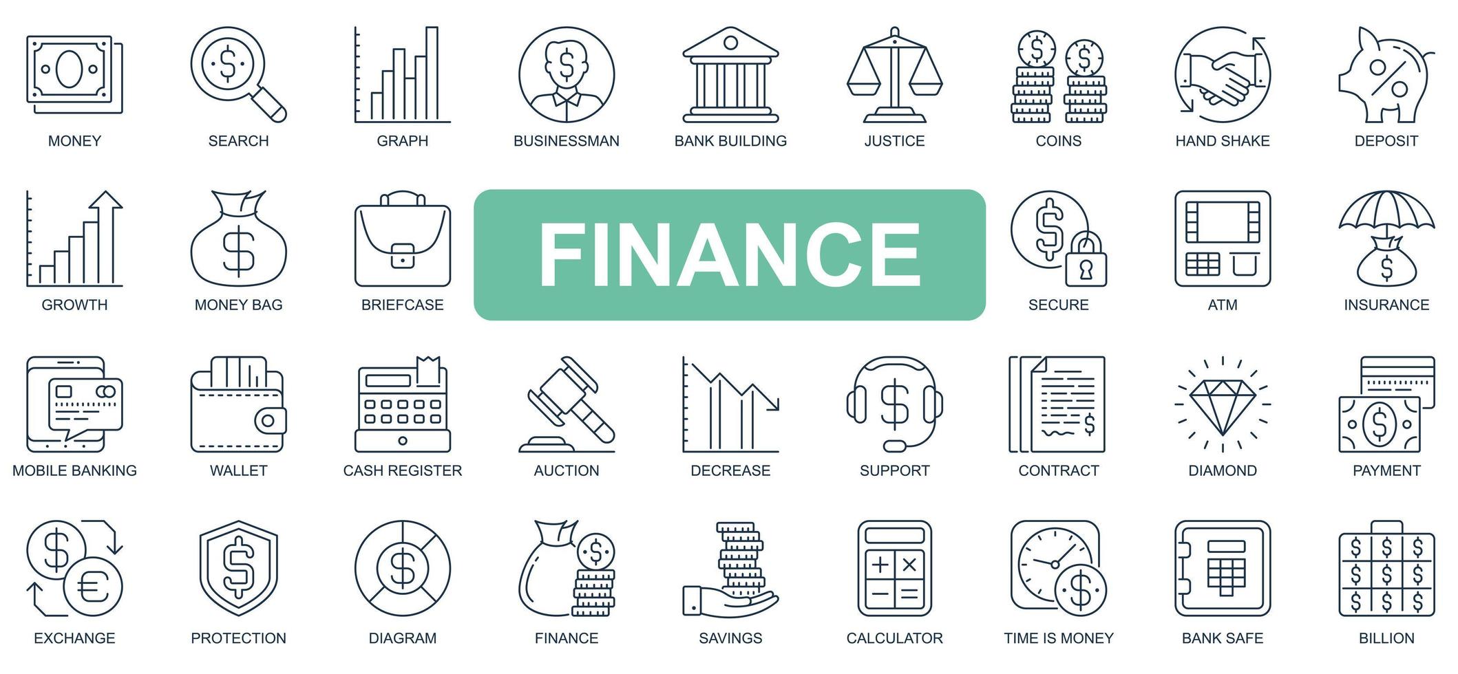 Finance concept simple line icons set. Pack outline pictograms of deposit, growth, briefcase, secure, atm, insurance, banking, wallet, cash and other. Vector symbols for website and mobile app design