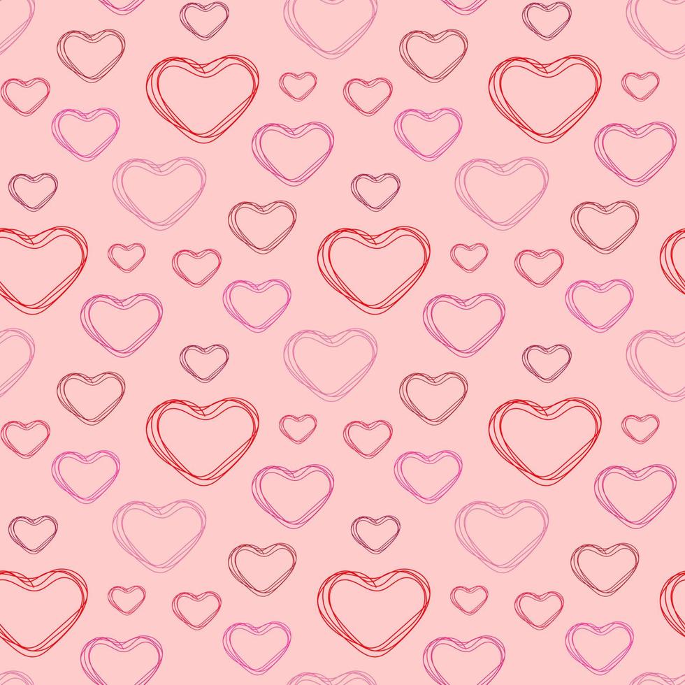 Seamless pattern, red hearts of different shades drawn by one line on a pink background, flat vector