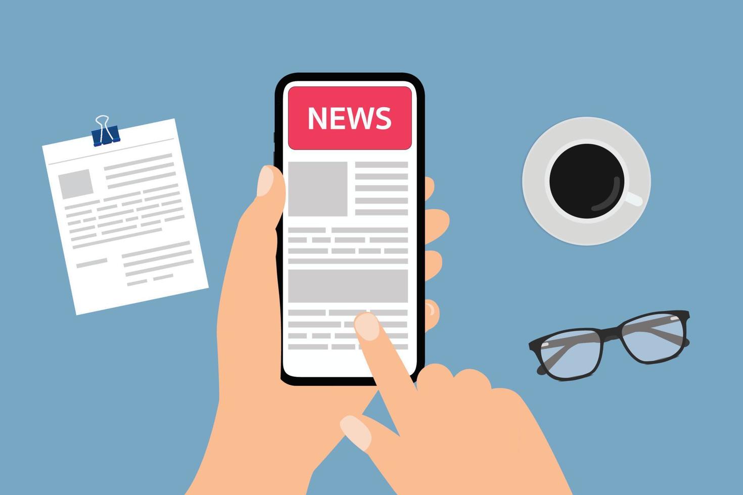 Man hands holding smartphone reading news with cup of coffee,document and glassess on blue background. vector
