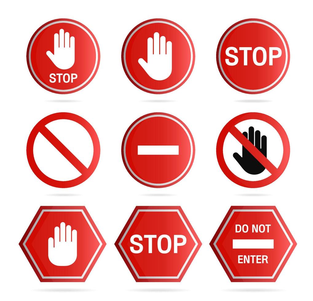 icono de señal de stop, conjunto de señales vectoriales restringidas y peligrosas. Ilustración de la carretera de tráfico y símbolo de parada. vector