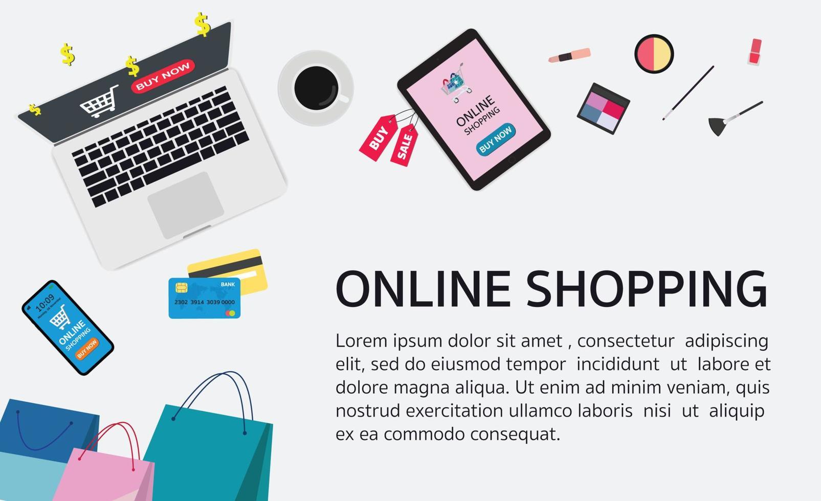 concepto de compra en línea con computadora portátil, mesa, cosméticos, tarjetas de crédito, dispositivos móviles y productos vector