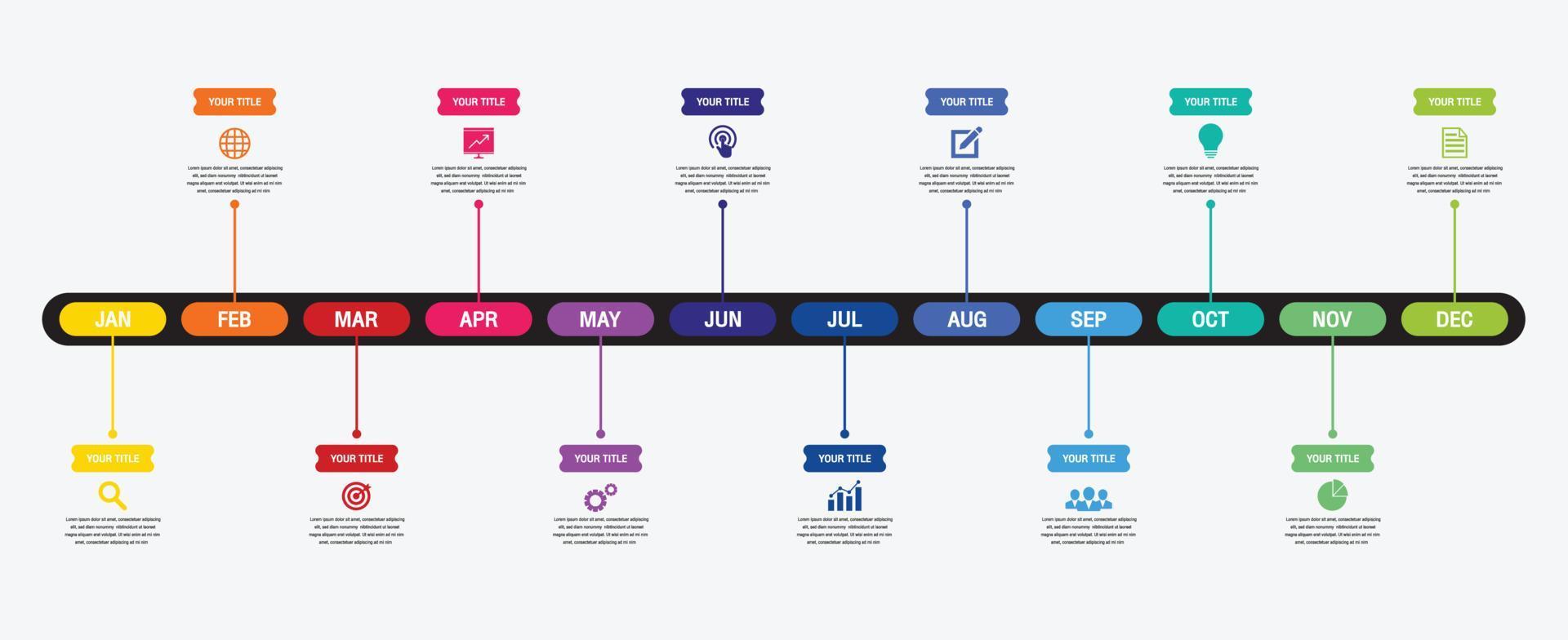 Infografía de línea de tiempo de 12 meses o 1 año, infografía de línea de tiempo para informe anual y presentación, vector de diseño de infografía de línea de tiempo y negocios de presentación.