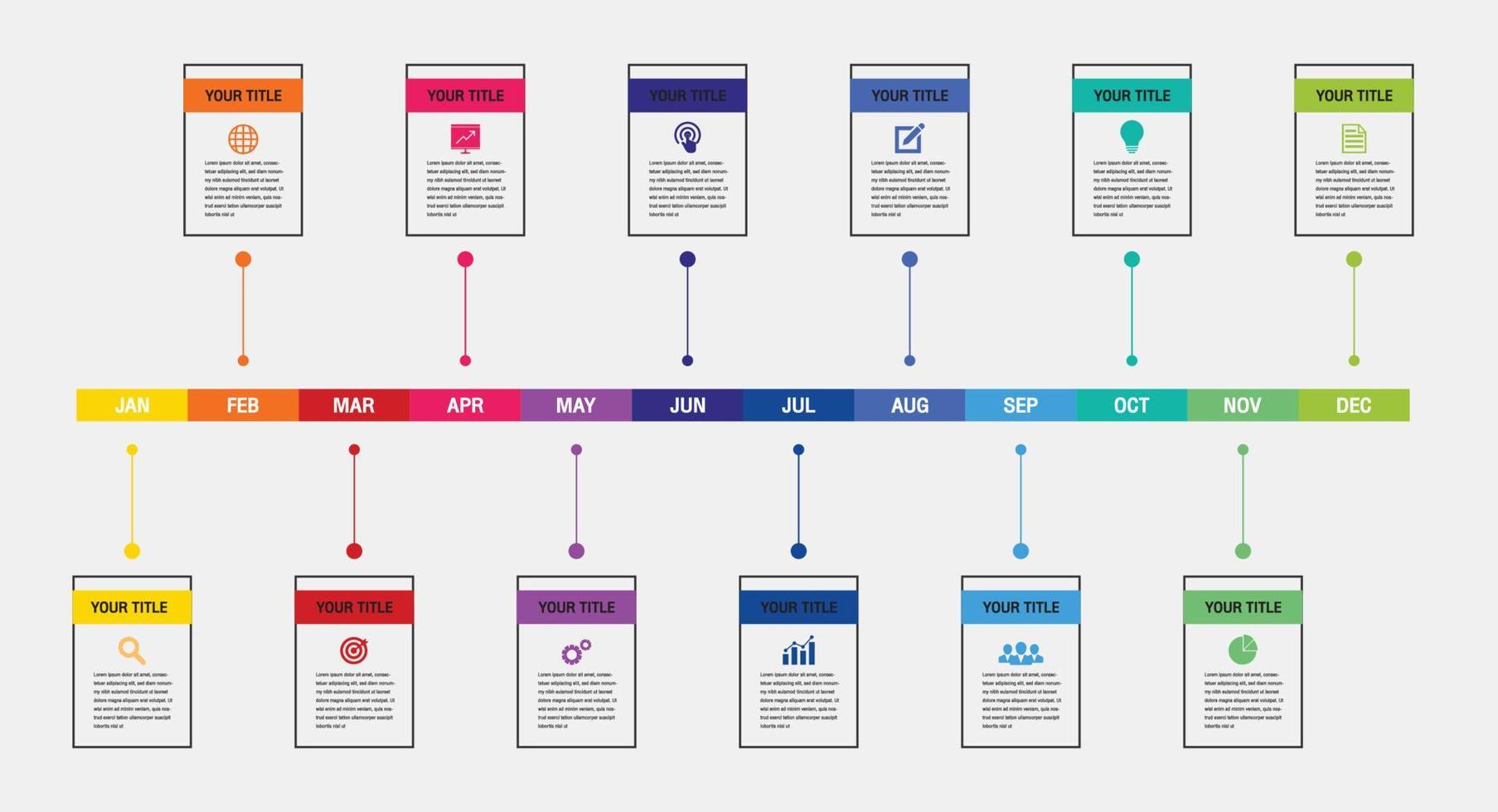 Infografía de línea de tiempo de 12 meses o 1 año, infografía de línea de tiempo para informe anual y presentación, vector de diseño de infografía de línea de tiempo y negocios de presentación.