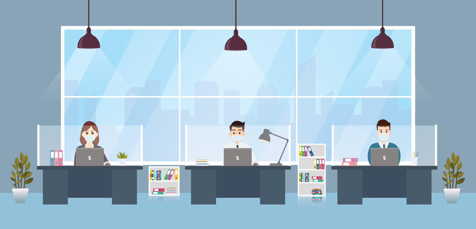 New normal is social distancing and wearing masks.Business office people maintain social distancing meeting room. vector