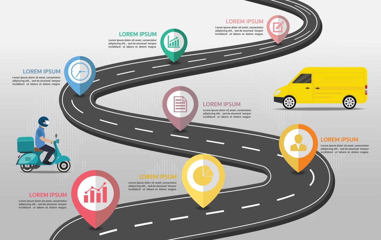 infografías de carreteras. hoja de ruta hacia el éxito con punteros de alfiler. infografía de la línea de tiempo del mapa de carreteras. vector