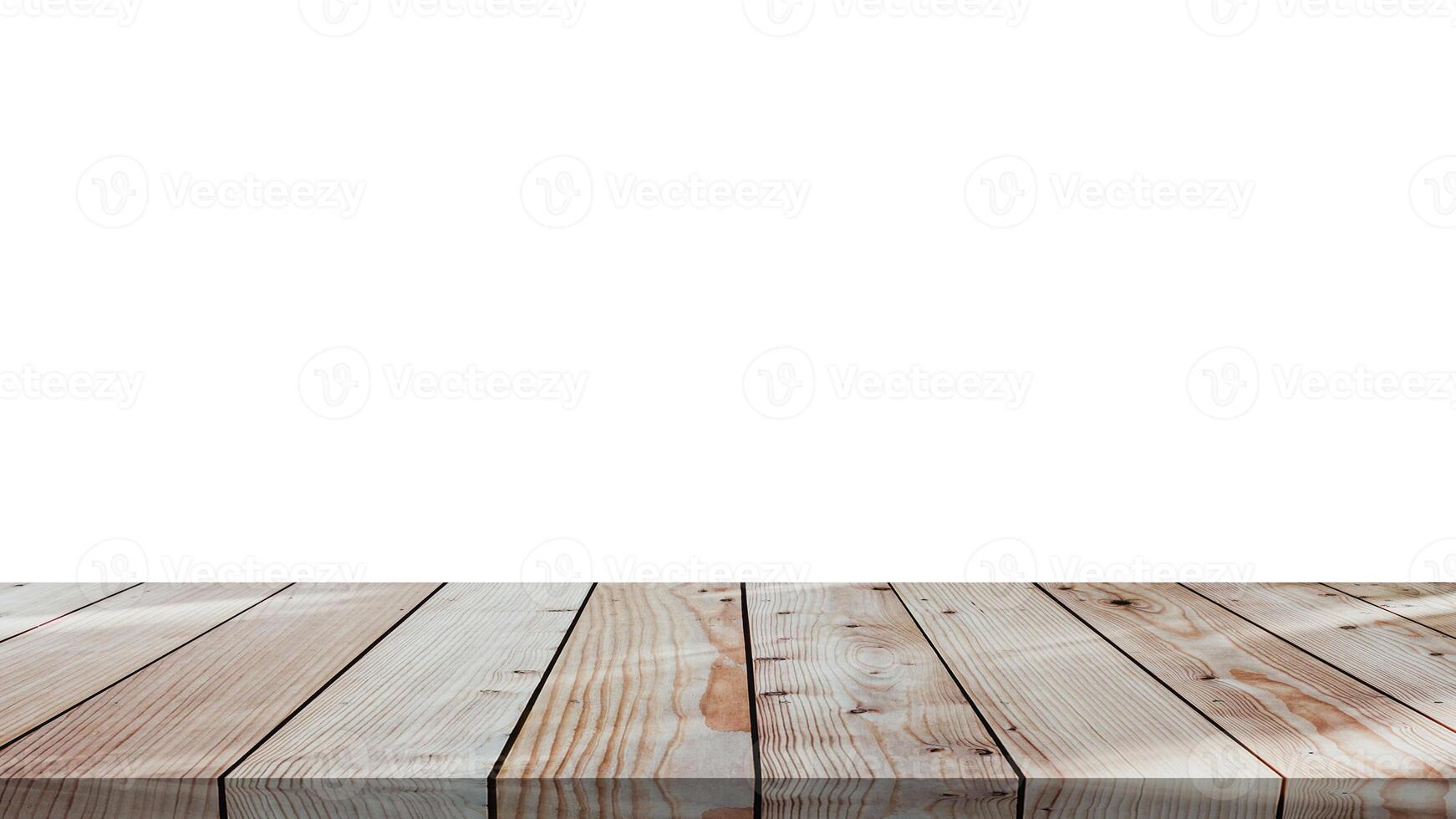 Wood table front view with blank white background for product display. photo