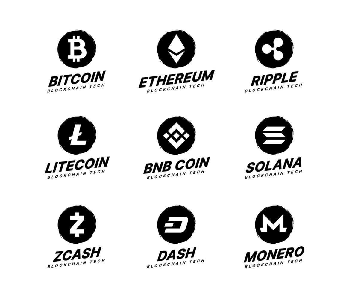 Cryptocurrency Coins set, Blockchain technology concept, Isolated logo vector illustration. Bitcoin, Ethereum, Litecoin, Binamce coin, Dash, Monero, Ripple, Zcash, Solana