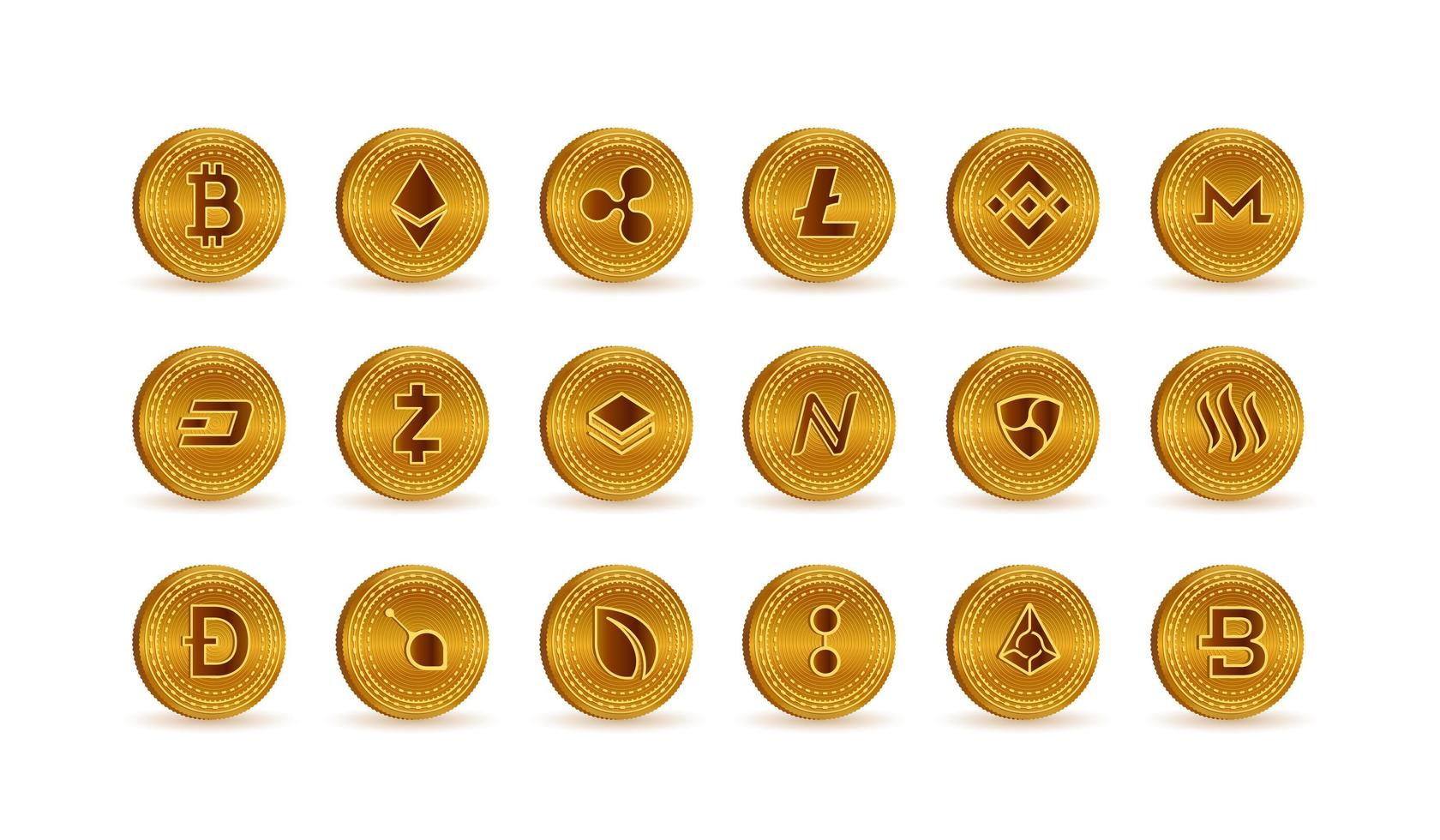 Cryptocurrency Coins set, Blockchain technology, Coin and NFT token symbols, Isolated logo Bitcoin, Ethereum, Litecoin, Dogecoin, BNBcoin, Dash, Monero, Cardano, Stella, Ripple, Bytecoin, Zcash vector