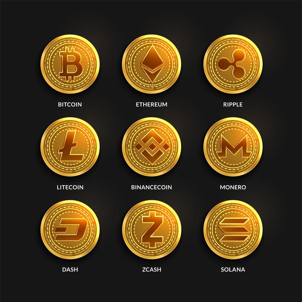 Cryptocurrency Coins set, Blockchain technology concept, Isolated logo vector illustration. Bitcoin, Ethereum, Litecoin, Binamce coin, Dash, Monero, Ripple, Zcash, Solana