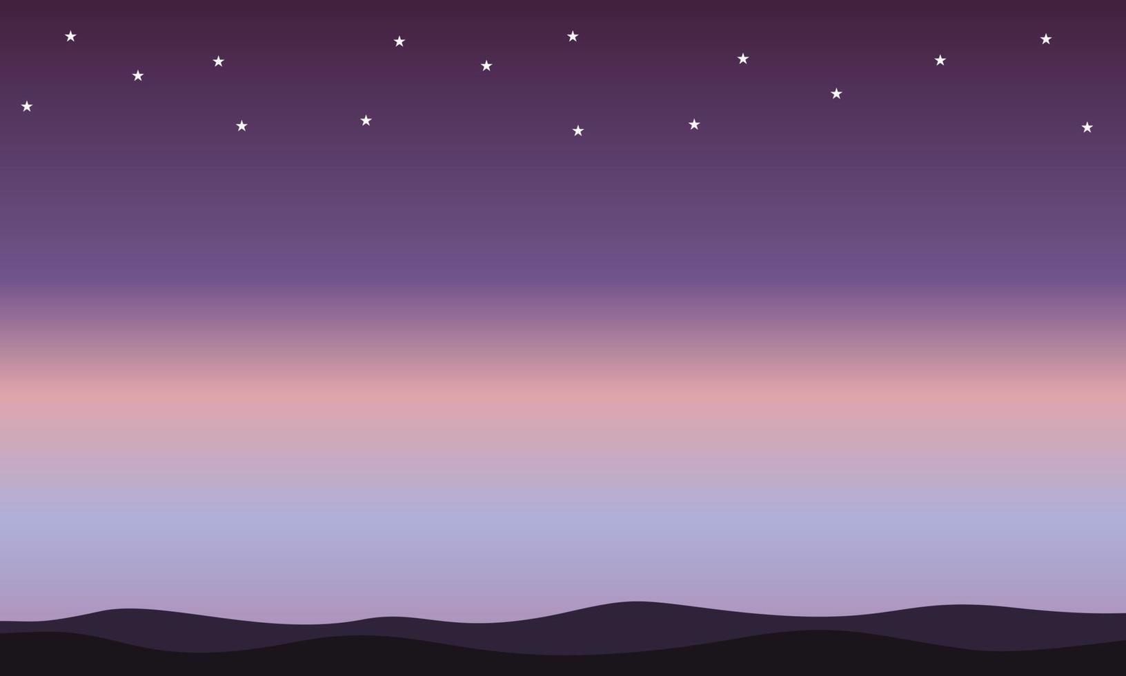 Fondo de paisaje de cielo nocturno violeta con montañas y estrellas, ideal para fondos de pantalla, citas, telón de fondo y tarjetas. vector