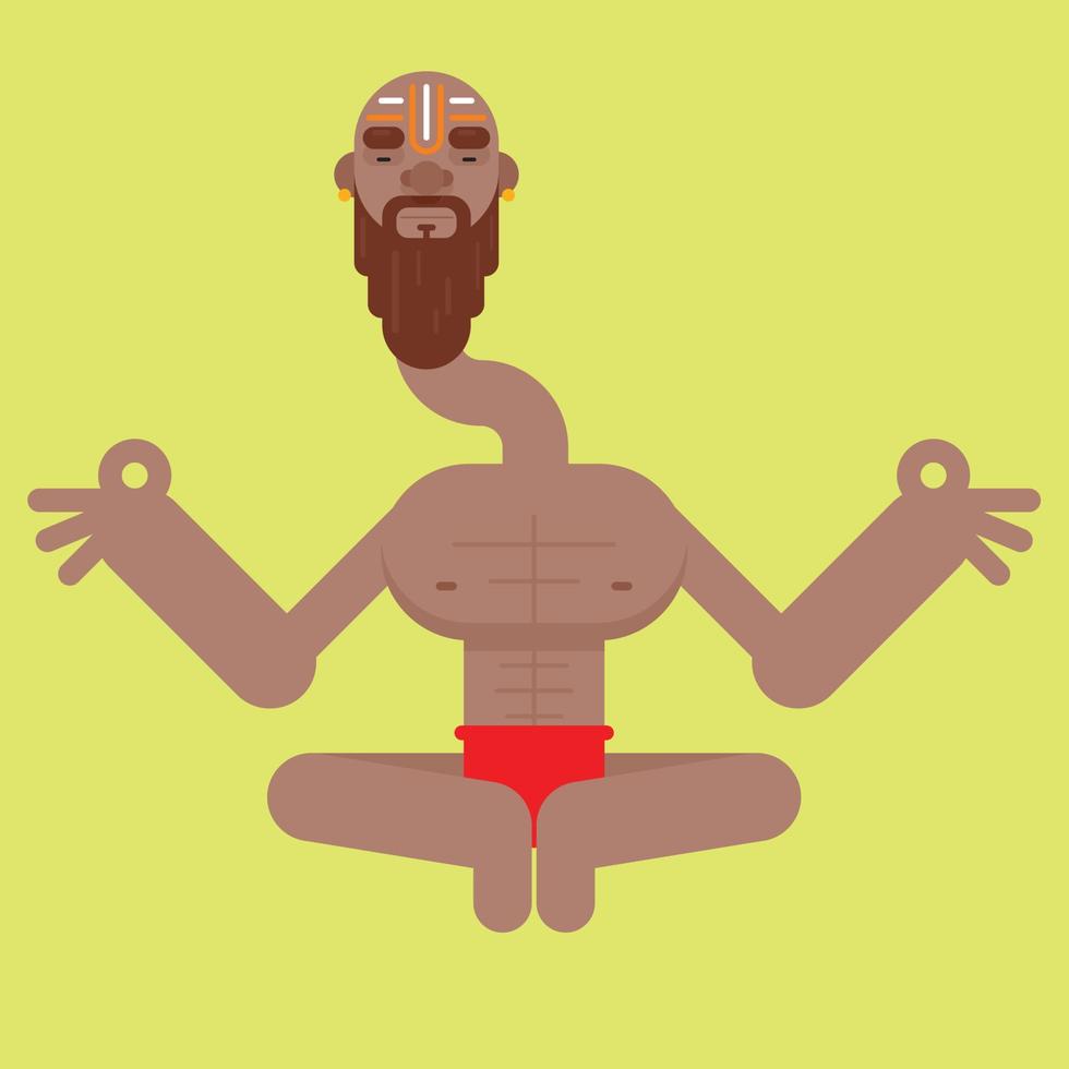 Indian Yogi Baba in Meditating pose. Flat design vector art.