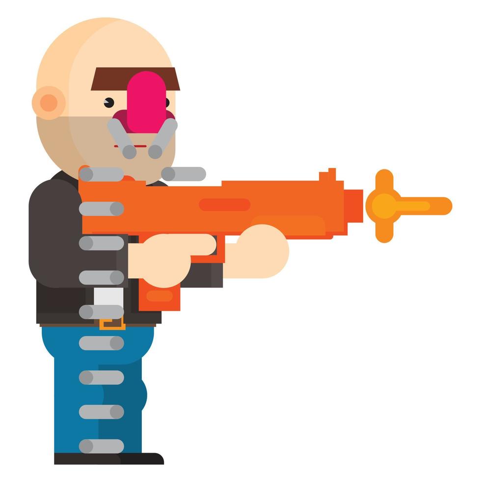 Bald gangster shooting gun. Flat style vector illustration.