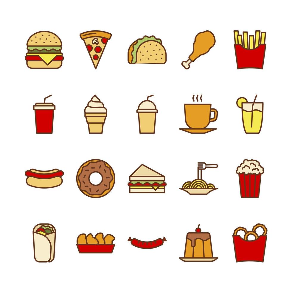 conjunto de iconos de contorno lleno de comida rápida vector