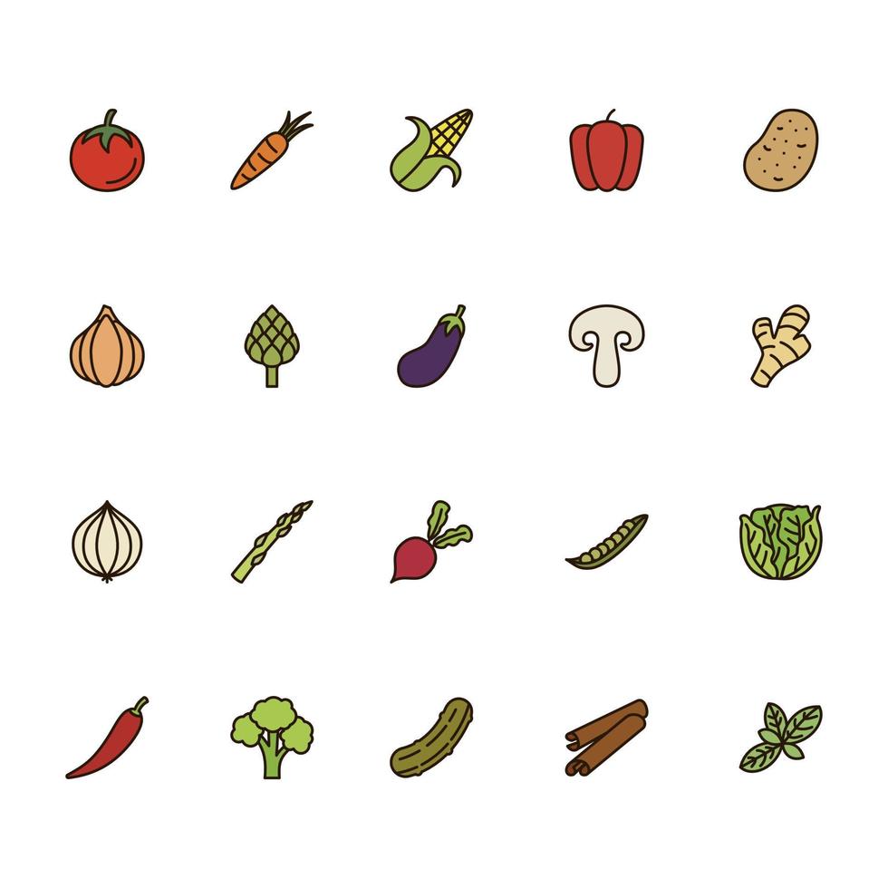 Vegetable icon set, filled outline vector
