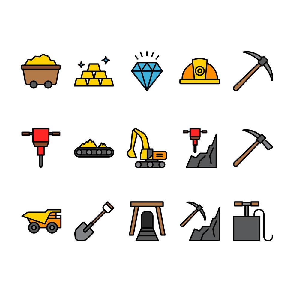 Mining Filled outline icon set vector