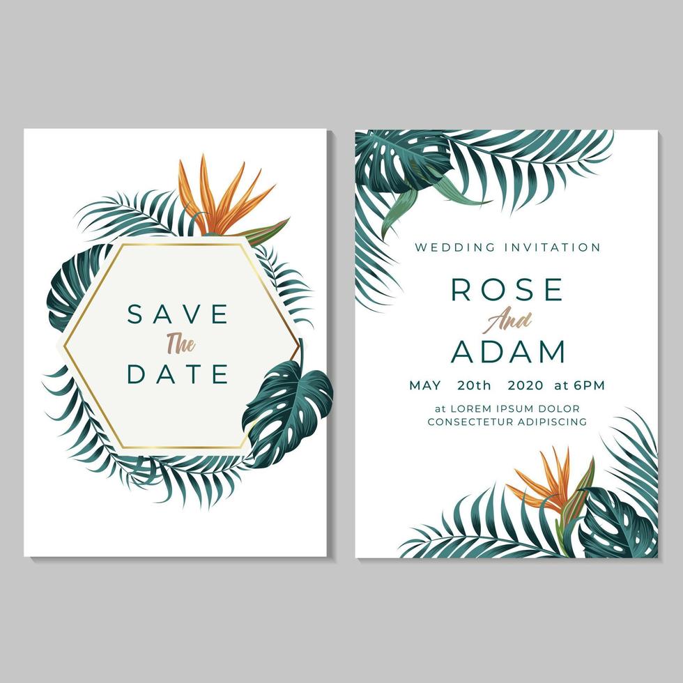 plantilla de tarjeta de invitación de boda, con hojas y fondo floral vector