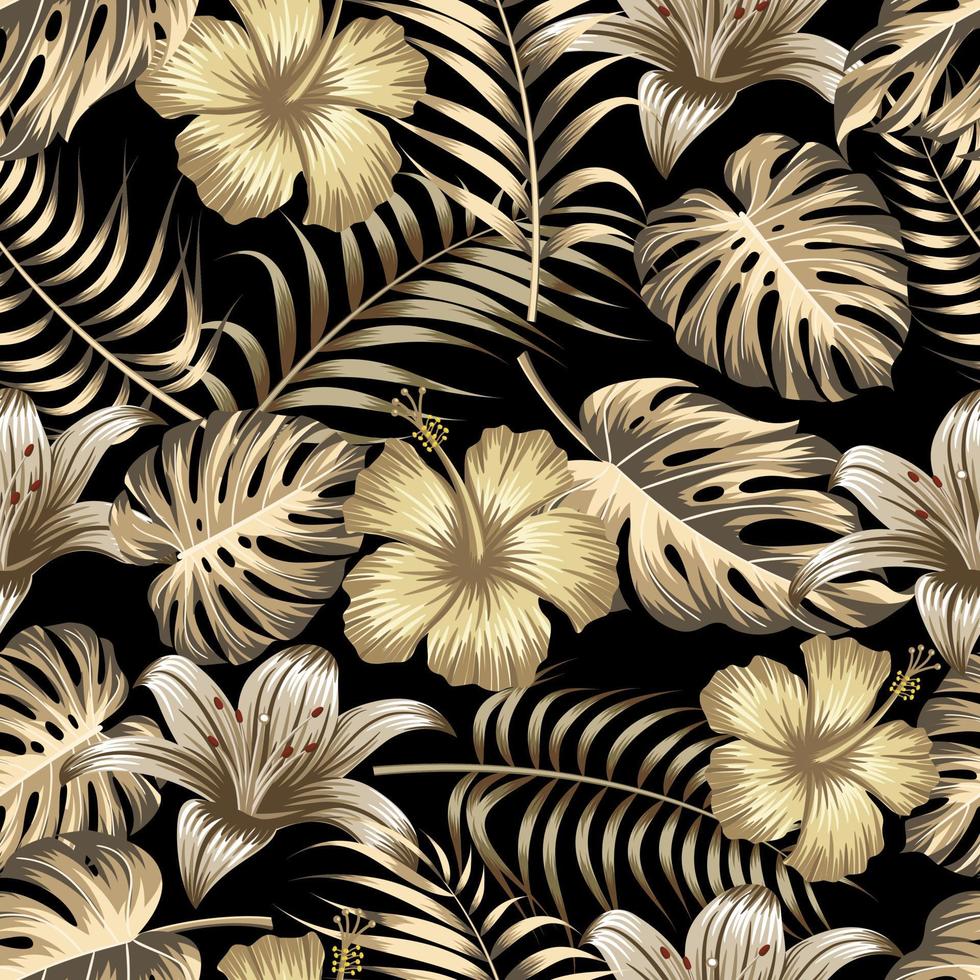 Gold floral seamless pattern with leaves. tropical background vector