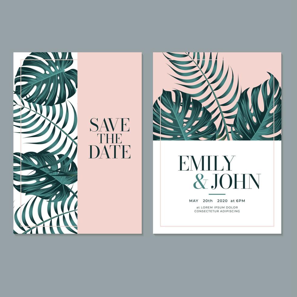 Wedding invitation template with beautiful leaves vector