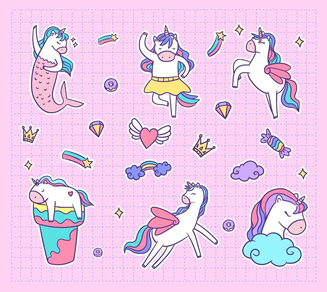 conjunto de pegatinas de elemento unicornio vector