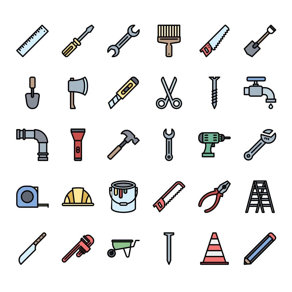 Tools icon set, filled outline style vector