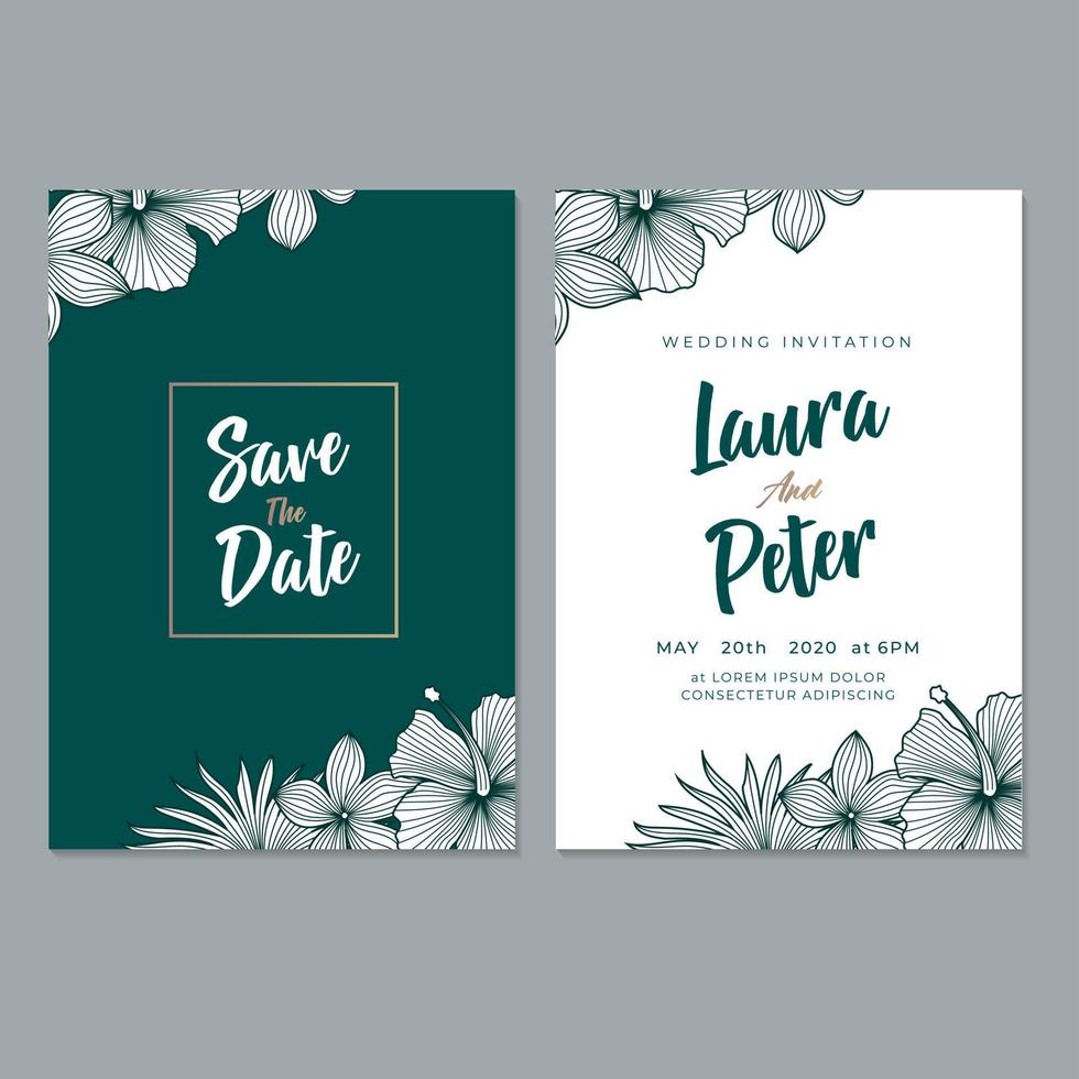 plantilla de tarjeta de invitación de boda, con hojas y fondo floral vector