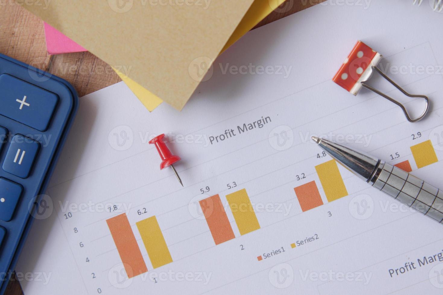financial graph, calculator and notepad on table photo