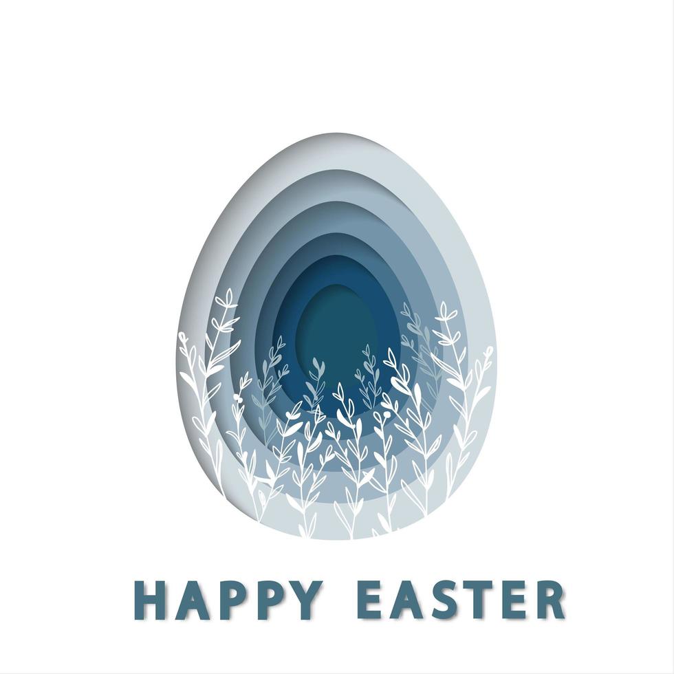 Feliz Pascua papel recortado marcos con forma de huevo azul sobre fondo blanco. plantilla de tarjeta de felicitación de Pascua 3d de moda. vector