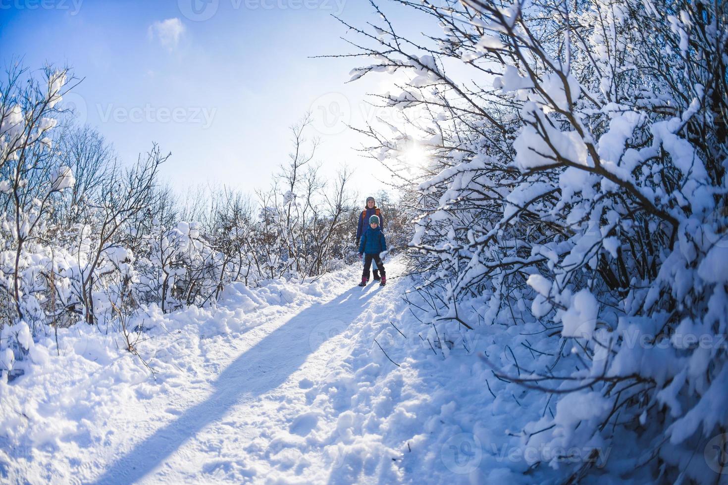 Woman with a child on a winter hike in the mountains. photo