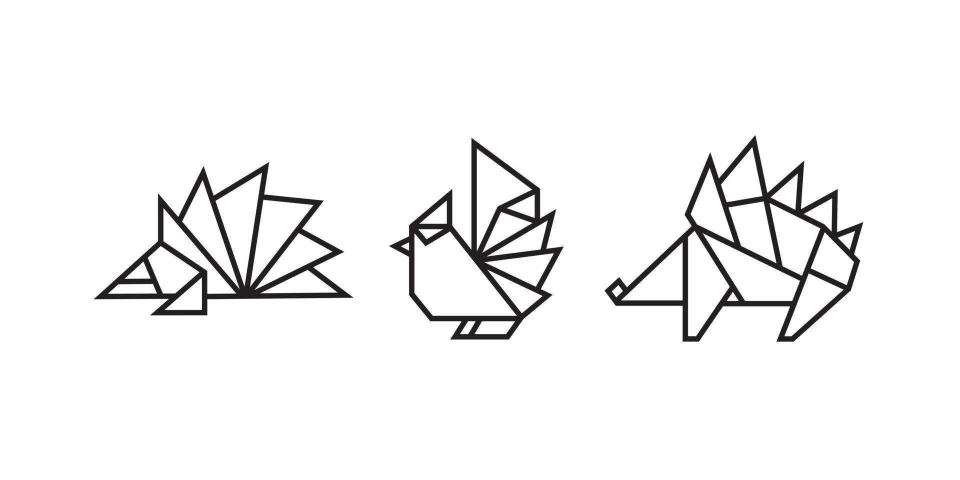 ilustraciones de erizos, pangolines y palomas en estilo origami vector
