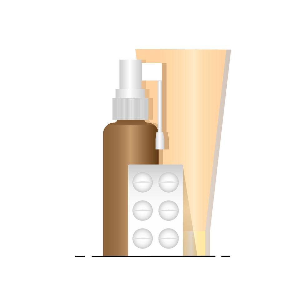Set of medicines isolated on white background. Spray for the throat, cream, pills. 3d. Vector illustration.
