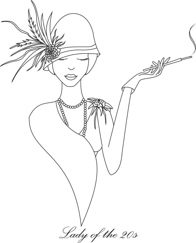 Silhouette of a beautiful woman in vintage clouthing ofthe 1920s. Retro fashion vector illustration. Black line isolated on white background. For postcard, poster, banner.
