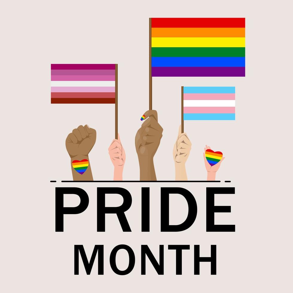 Human hands holding gay, lesbian, transgender flags. Pride month. Man, woman or  transgender on peaceful demonstration or protest. Vector illustration.