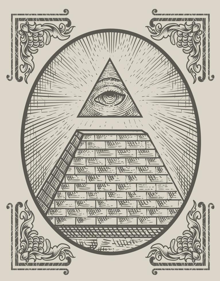 Ilustración de la pirámide illuminati con estilo de grabado vector