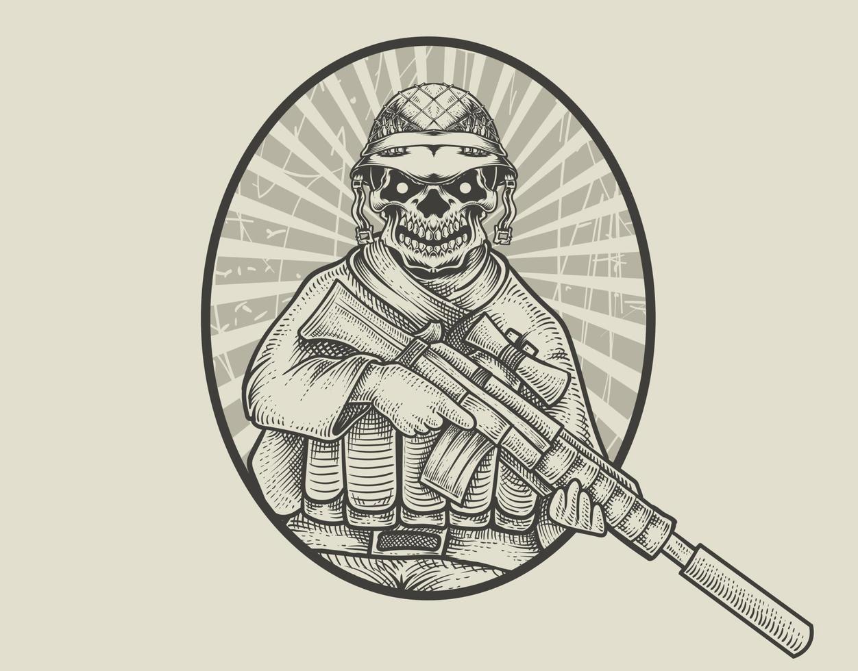 Ilustración del cráneo del ejército con estilo monocromo vector