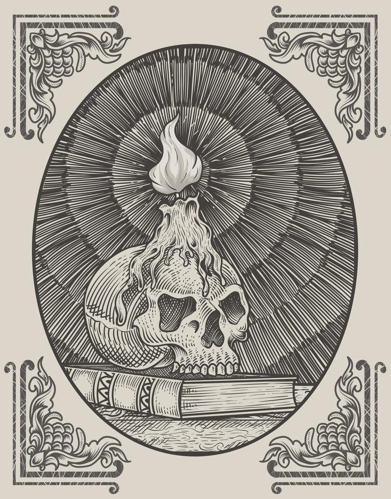 illustration vintage skull candle with engraving style vector