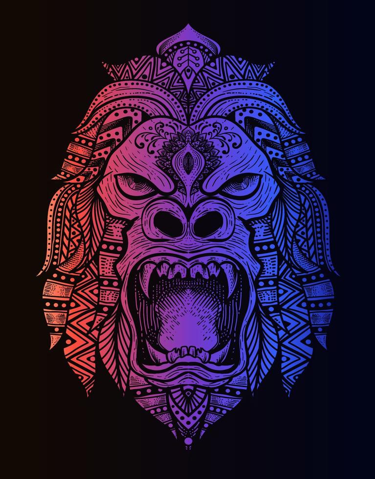Ilustración estilo mandala gorila con color neón vector