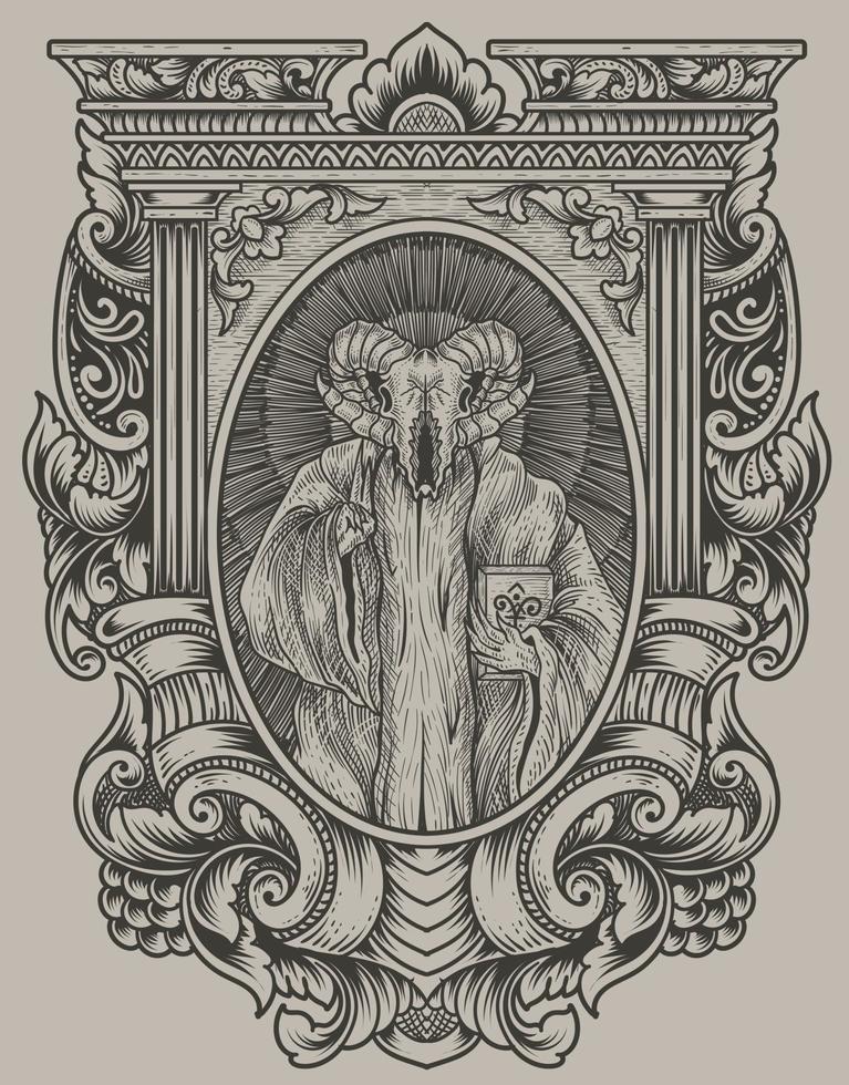 illustration scary goat skull on engraving ornament frame vector